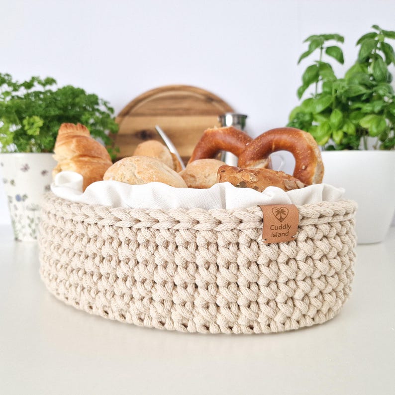 Crochet Bread Basket: Cotton Kitchen Storage Bin, Table Centerpiece image 2