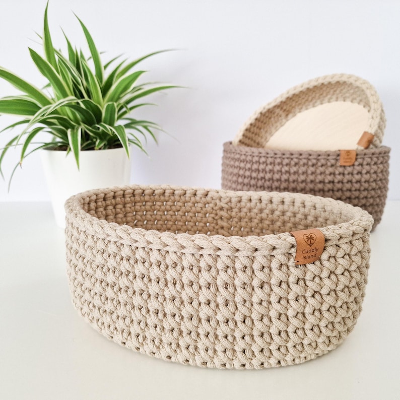 Crochet Bread Basket: Cotton Kitchen Storage Bin, Table Centerpiece image 6
