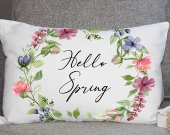 Hello Spring Wreath Pillow Cover | Spring Pillow Cover | Spring Decor | Floral Lumbar Pillow Cover | Personalized PIllow Cover