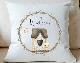 Welcome Pillow Cover | Spring Pillow Cover | Porch pillow Cover | Birdhouse Wreath Pillow Cover | Spring Decor