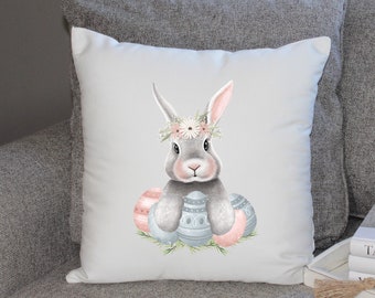 Bunny Pillow Cover | Watercolor Bunny and Egg Pillow Cover | Easter Decor | Decorative Pillow Cover | Easter Pillow Cover