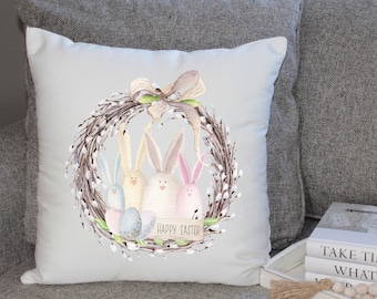 Happy Easter Pillow Cover | Easter Pillow Cover | Bunny pillow Cover | Bunny Family Pillow Cover | Easter Wreath Pillow Cover