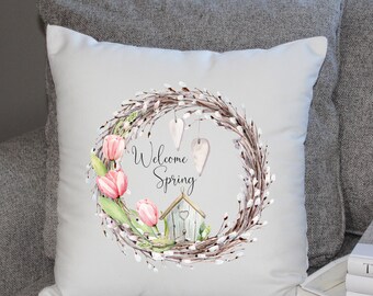 Welcome Spring Pillow Cover | Spring Pillow Cover | Birdhouse pillow Cover | Birdhouse Wreath Pillow Cover | Spring Decor