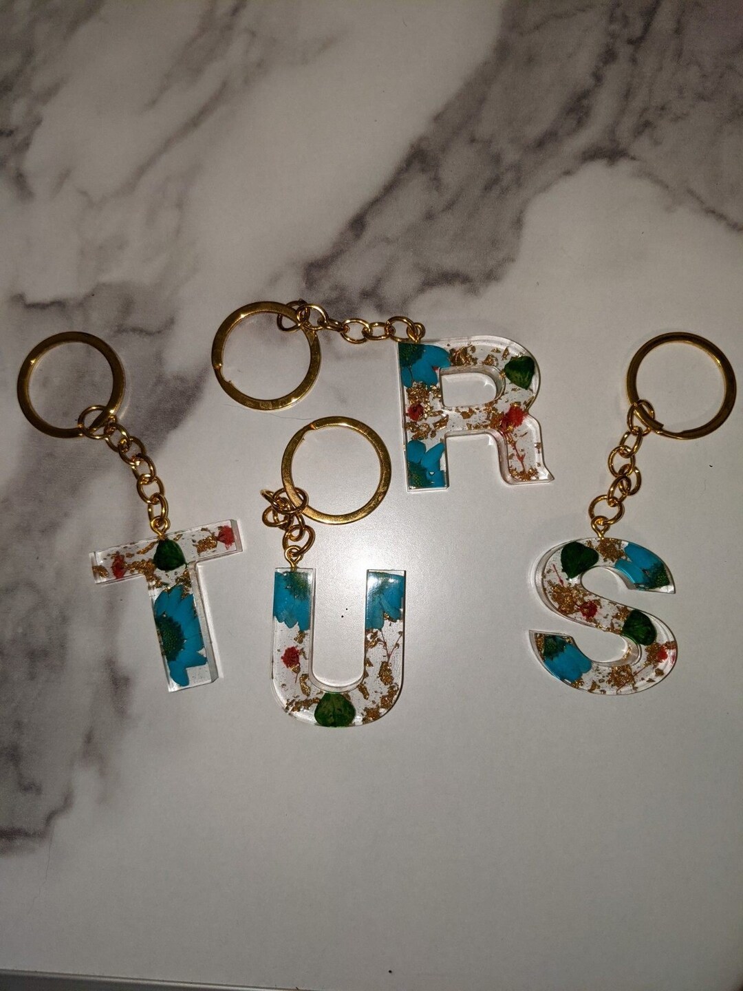 Blue Flower Gold Flakes Letter Resin Key Chain RSTU - Etsy Australia