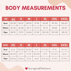 May include: A chart showing body measurements in inches and centimetres for different sizes, including XS, S, M, L, XL, XXL, and XXXL. The chart includes measurements for bust, waist, and hips.