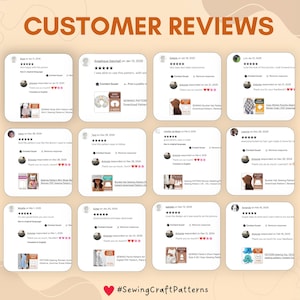 Pu&ograve; includere: Un collage di recensioni dei clienti per modelli di cucito. Le recensioni sono visualizzate in un formato a griglia con un'icona a forma di cuore e il testo "#SewingCraftPatterns" in basso. Ogni recensione include una valutazione a stelle, un commento del cliente e una risposta del venditore.