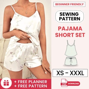 May include: A sewing pattern for a pajama short set. The pattern includes a tank top and shorts. The pattern is available in sizes XS to XXXL. The pattern is beginner friendly and includes a free planner. PDF download.