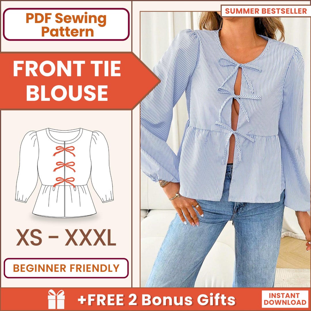 Blouse Sewing Pattern, Front Tie Top Pattern, Women Sewing Pattern ...