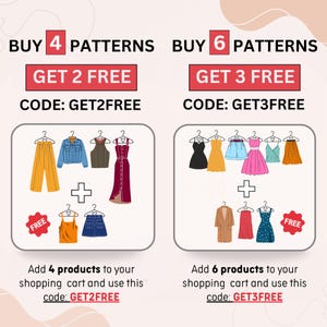 K&ouml;nnte beinhalten: Kaufe 4 Muster und erhalte 2 gratis mit dem Code GET2FREE oder kaufe 6 Muster und erhalte 3 gratis mit dem Code GET3FREE. Das Bild zeigt verschiedene Kleidungsmuster, darunter Hosen, Kleider, Hemden und Jacken.