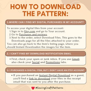 May include: A graphic with instructions on how to download digital patterns purchased on Etsy. The graphic includes three sections: 1. Where can I find my digital purchases in my account? 2. I can't find my download notification email. 3. I purchased a digital item, but I don't have an Etsy account.