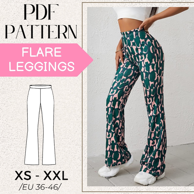 PATTERNS Sewing, Women Flare Leggings Pattern, Sport Flare Leggings sewing pattern, XS to 2XL Size, Pdf Digital, Instant Download, A4 Print image 1