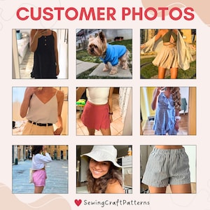 May include: A collage of customer photos showcasing different styles of clothing, including a black dress, a blue and white striped shirt, a pink skirt, a white vest top, a red skirt, a blue floral dress, a white vest top, a blue and white striped skirt, and a pair of striped shorts.