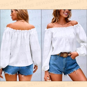 May include: A white off-the-shoulder blouse with long sleeves and a gathered neckline. The blouse is paired with denim shorts.