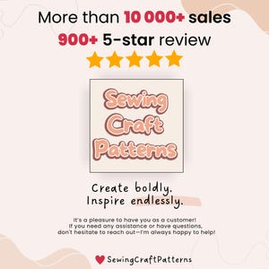 K&ouml;nnte beinhalten: Eine rosa und wei&szlig;e Grafik mit dem Text "Sewing Craft Patterns" in einer Retro-Schriftart. Die Grafik enth&auml;lt auch den Text "Mehr als 10.000+ Verk&auml;ufe" und "900+ 5-Sterne-Bewertungen".