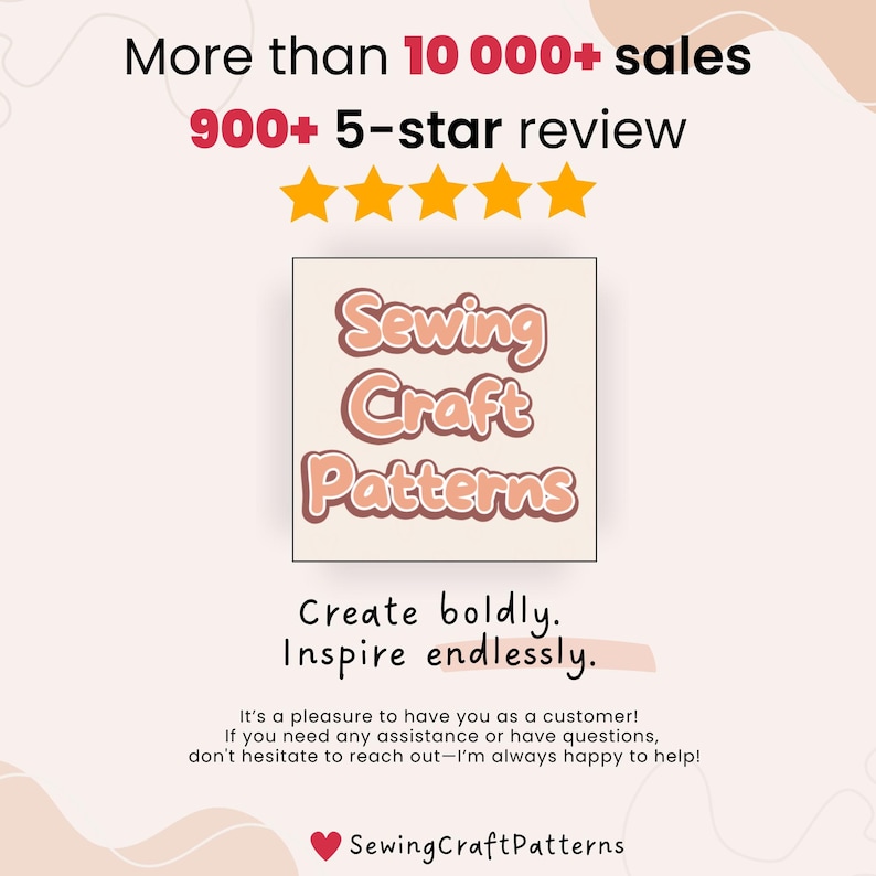 K&ouml;nnte beinhalten: Eine rosa und wei&szlig;e Grafik mit dem Text "Sewing Craft Patterns" in einer Retro-Schriftart. Die Grafik enth&auml;lt auch den Text "Mehr als 10.000+ Verk&auml;ufe" und "900+ 5-Sterne-Bewertungen".