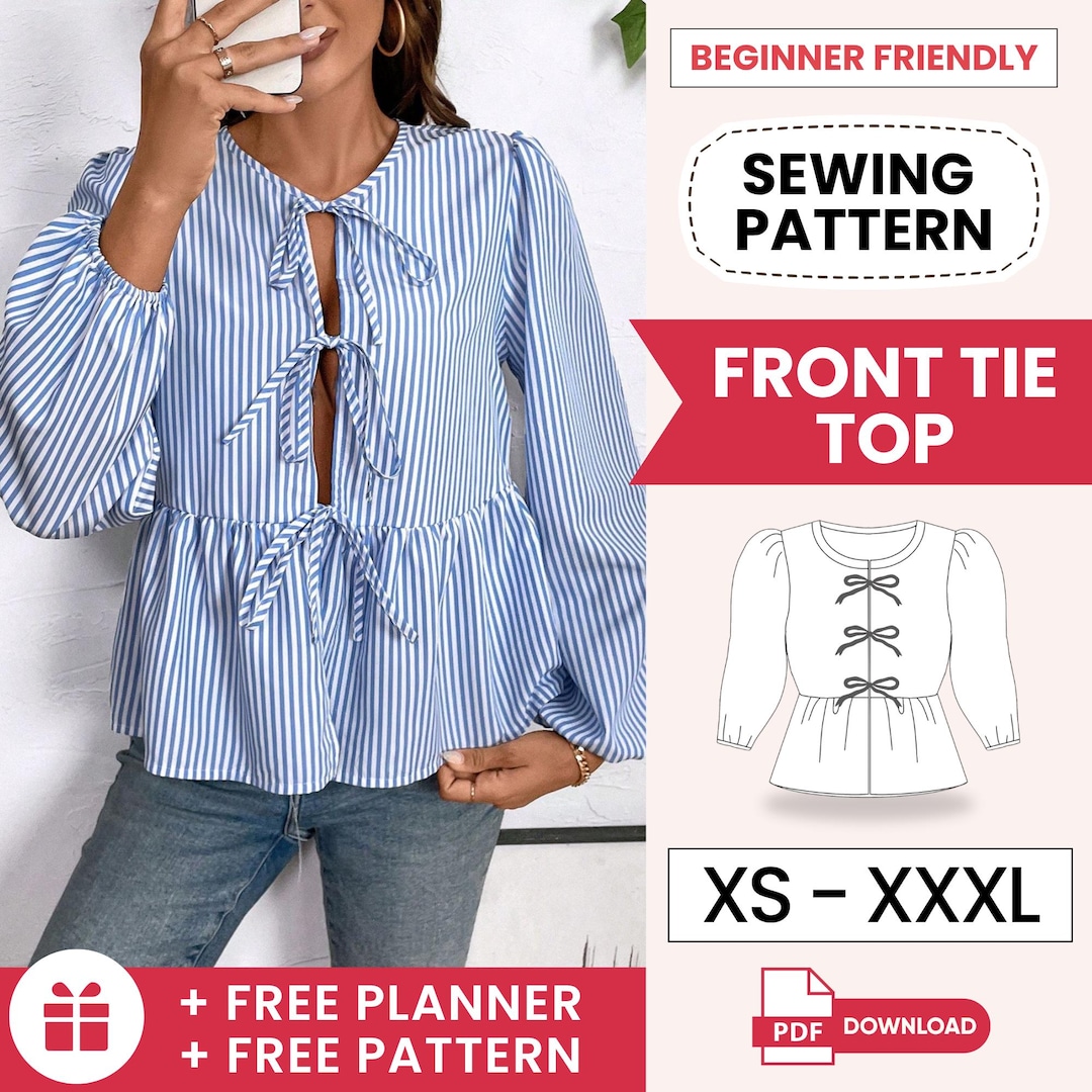 Front Tie Top Pattern, Blouse Sewing Pattern, Women Sewing Pattern ...