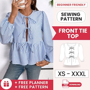 Front Tie Top Pattern, Blouse Sewing Pattern, Women Sewing Pattern, Sewing Patterns for Beginner Top, Blouse Pattern, Peplum Top, Tank Top