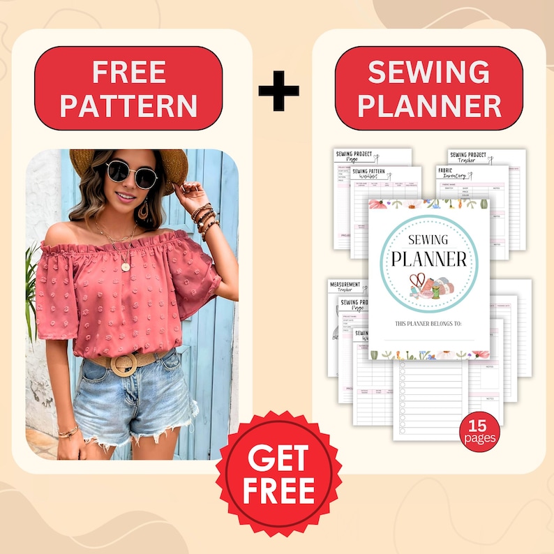 May include: A digital printable sewing planner with 15 pages. The planner includes sections for sewing projects, fabric, and measurements. The planner also includes a section for a personalized message. The planner is free with the purchase of a free sewing pattern. The pattern is for a pink off-the-shoulder top.