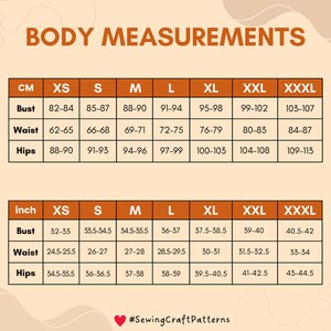 May include: A chart showing body measurements in inches and centimeters for different sizes, including XS, S, M, L, XL, XXL, and XXXL. The chart includes measurements for bust, waist, and hips.