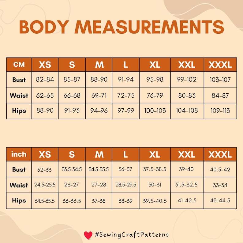 May include: A chart showing body measurements in inches and centimeters for different sizes, including XS, S, M, L, XL, XXL, and XXXL. The chart includes measurements for bust, waist, and hips.