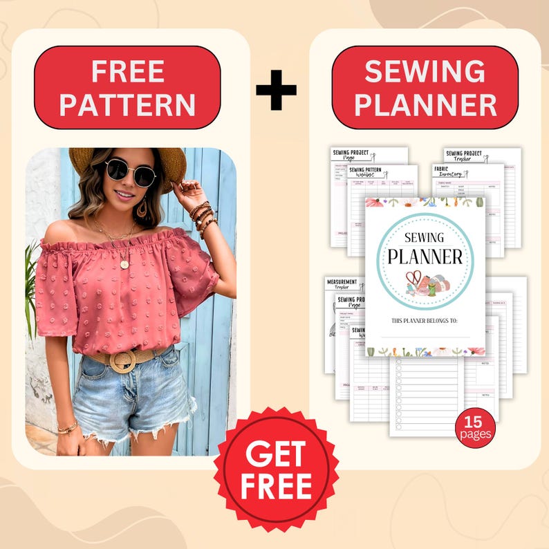 May include: A digital printable sewing planner with 15 pages. The planner includes sections for sewing projects, fabric, and measurements. The planner also includes a section for a sewing pattern, which is free. The planner is illustrated with a pink and green floral design.