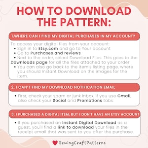 K&ouml;nnte beinhalten: Eine rosa-wei&szlig;e Grafik mit dem Text "So laden Sie das Muster herunter:" und Anweisungen zum Herunterladen digitaler Eink&auml;ufe von Etsy.com. Die Anweisungen beinhalten Informationen dar&uuml;ber, wo Sie digitale Eink&auml;ufe in Ihrem Konto finden, wie Sie Download-Dateien finden und wie Sie Download-Links finden, wenn Sie kein Etsy-Konto haben.