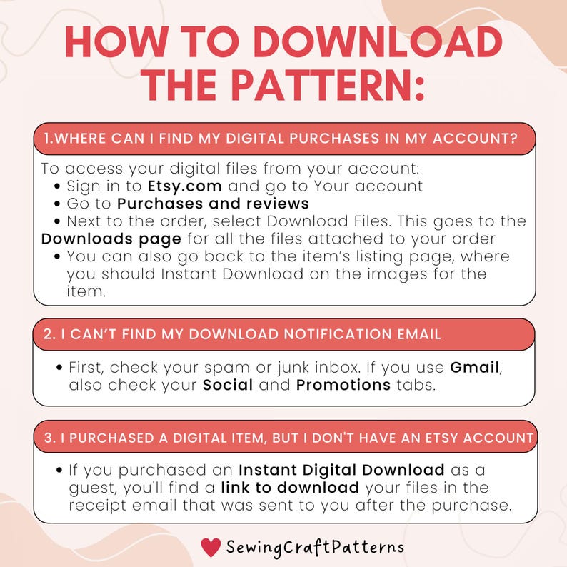 K&ouml;nnte beinhalten: Eine rosa-wei&szlig;e Grafik mit dem Text "So laden Sie das Muster herunter:" und Anweisungen zum Herunterladen digitaler Eink&auml;ufe von Etsy.com. Die Anweisungen beinhalten Informationen dar&uuml;ber, wo Sie digitale Eink&auml;ufe in Ihrem Konto finden, wie Sie Download-Dateien finden und wie Sie Download-Links finden, wenn Sie kein Etsy-Konto haben.