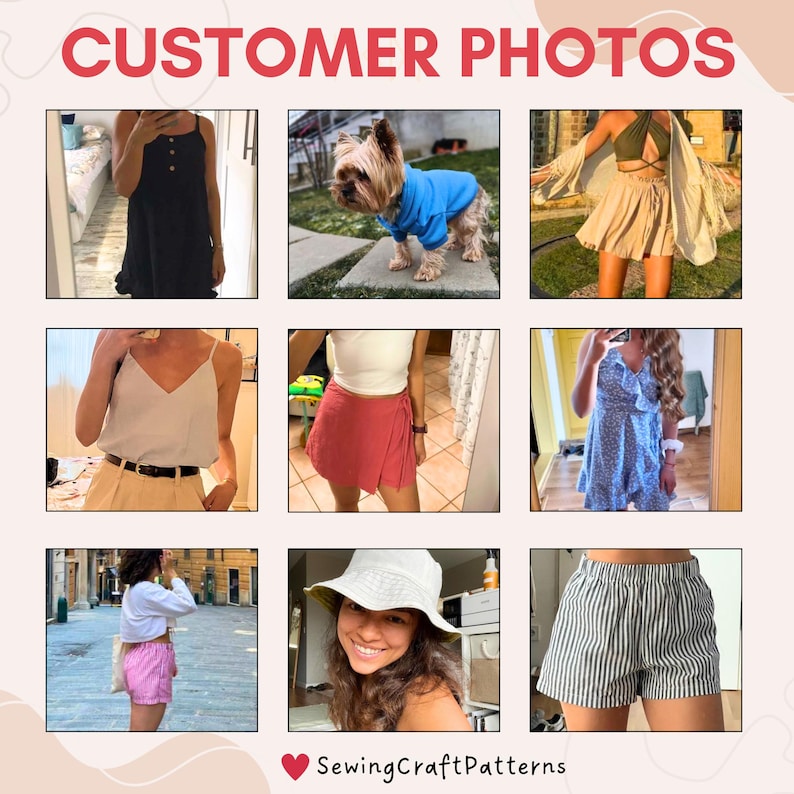 K&ouml;nnte beinhalten: Eine Collage von Kundenfotos, die verschiedene Kleidungsstile zeigen, darunter ein schwarzes Kleid, ein blau-wei&szlig; gestreiftes Hemd, ein rosa Rock, ein wei&szlig;es Tanktop, ein roter Rock, ein blaues Blumenkleid, ein wei&szlig;es Tanktop, ein blau-wei&szlig; gestreifter Rock und eine gestreifte Shorts.