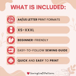 K&ouml;nnte beinhalten: Eine rosa-wei&szlig;e Grafik mit dem Text "WHAT IS INCLUDED:" und einer Liste von f&uuml;nf Elementen, die in einem Schnittmuster enthalten sind: Druckformate A4/US Letter, Gr&ouml;&szlig;en XS-XXXL, anf&auml;ngerfreundlich, leicht verst&auml;ndliche N&auml;hanleitung und schnell und einfach zu drucken.