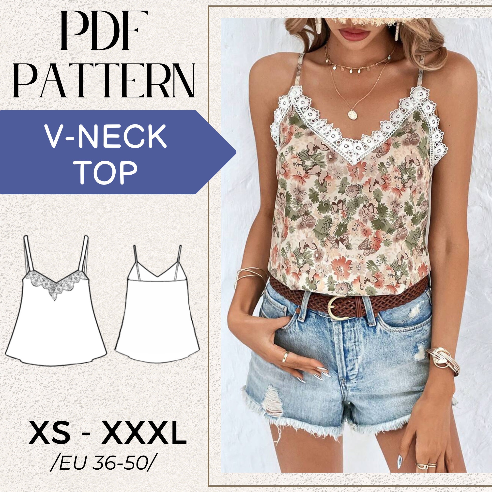 Scoop Neck Cami Top PDF Sewing Pattern Slip Shirt with