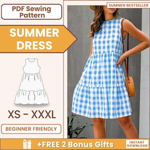 Puede incluir: Patrón de costura PDF para un vestido de verano con estampado de cuadros vichy. El patrón incluye tallas XS a XXXL y es apto para principiantes. El patrón se muestra con un contorno blanco sobre un fondo naranja claro. El texto "SUMMER BESTSELLER" está en la esquina superior derecha de la imagen. El texto "+FREE 2 Bonus Gifts" está en la esquina inferior derecha de la imagen.