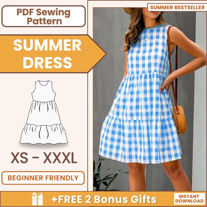 May include: PDF sewing pattern for a summer dress with a gingham print. The pattern includes sizes XS to XXXL and is beginner friendly. The pattern is shown with a white outline on a light orange background. The text "SUMMER BESTSELLER" is in the upper right corner of the image. The text "+FREE 2 Bonus Gifts" is in the lower right corner of the image.
