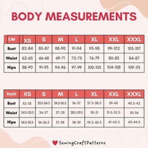 K&ouml;nnte beinhalten: Eine Tabelle mit K&ouml;rperma&szlig;en in Zoll und Zentimetern f&uuml;r verschiedene Gr&ouml;&szlig;en, darunter XS, S, M, L, XL, XXL und XXXL. Die Tabelle enth&auml;lt Ma&szlig;e f&uuml;r Brust, Taille und H&uuml;fte.