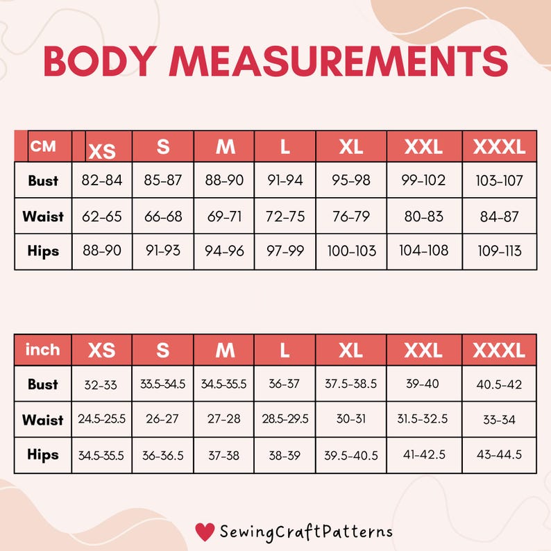 K&ouml;nnte beinhalten: Eine Tabelle mit K&ouml;rperma&szlig;en in Zoll und Zentimetern f&uuml;r verschiedene Gr&ouml;&szlig;en, darunter XS, S, M, L, XL, XXL und XXXL. Die Tabelle enth&auml;lt Ma&szlig;e f&uuml;r Brust, Taille und H&uuml;fte.