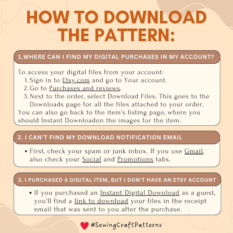 Pu&ograve; includere: Una guida al download digitale con istruzioni su come trovare e scaricare acquisti digitali su Etsy. La guida include informazioni su come accedere agli acquisti nel tuo account, su come trovare i file di download e su come scaricare i file se non hai un account Etsy.