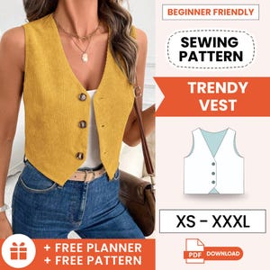 May include: Mustard yellow corduroy vest with three buttons, worn with blue jeans. The image includes text that says "Beginner Friendly", "Sewing Pattern", "Trendy Vest", and "XS - XXXL". Also includes a PDF download icon.