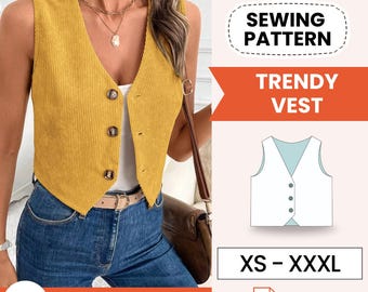 Mönster för väst | XS-XXXL | Direkt nedladdning | Enkel digital PDF | Mönster för väst dam, Mönster för topp för kvinnor, Topp med knappar