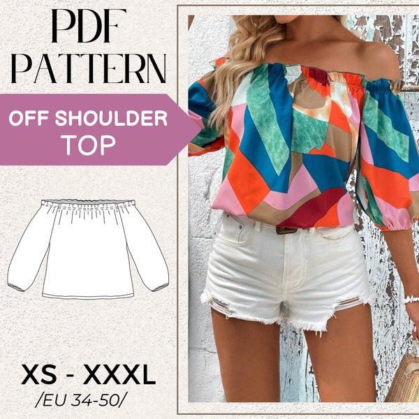 Women Off Shoulder Blouse Digital PDF Sewing Pattern, US Size 2 -18, Instant Download, Women Pdf sewing pattern, A4 Printable