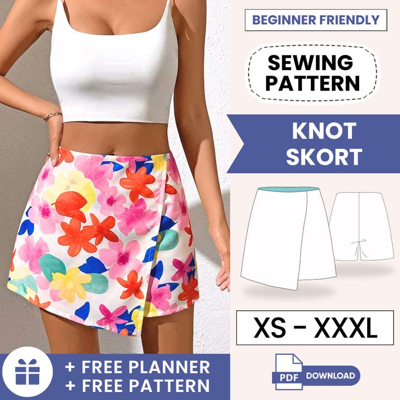 Knot Skort Sewing Pattern | Women Skirt | Sewing Patterns | Mini Skirt | Wrap Skort Patterns | Mini Skirt Pattern | Sewing Patterns Women image 1