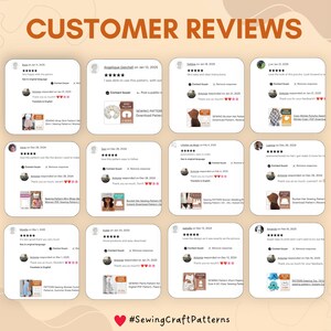 May include: A collage of customer reviews for sewing patterns. The reviews are displayed in a grid format with each review featuring a star rating, a comment, and a photo of the finished product. The reviews are positive and highlight the ease of use, quality, and value of the patterns. The hashtag #SewingCraftPatterns is displayed at the bottom of the collage.