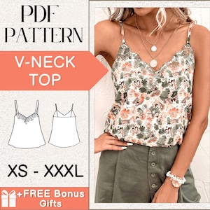 May include: A PDF pattern for a V-neck top with a scalloped neckline. The pattern includes sizes XS-XXXL and comes with free bonus gifts. The image shows a model wearing a floral print top.