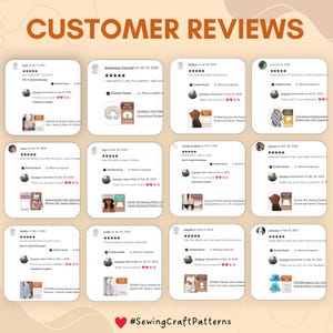 May include: A collage of customer reviews for sewing patterns. The reviews are displayed in a grid format with each review featuring a star rating, a comment, and a photo of the finished product. The reviews are positive and highlight the ease of use, quality, and value of the patterns. The hashtag #SewingCraftPatterns is displayed at the bottom of the collage.