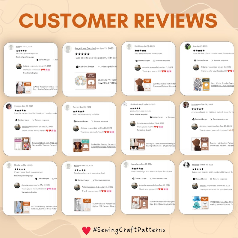 May include: A collage of customer reviews for sewing patterns. The reviews are displayed in a grid format with each review featuring a star rating, a comment, and a photo of the finished product. The reviews are positive and highlight the ease of use, quality, and value of the patterns. The hashtag #SewingCraftPatterns is displayed at the bottom of the collage.