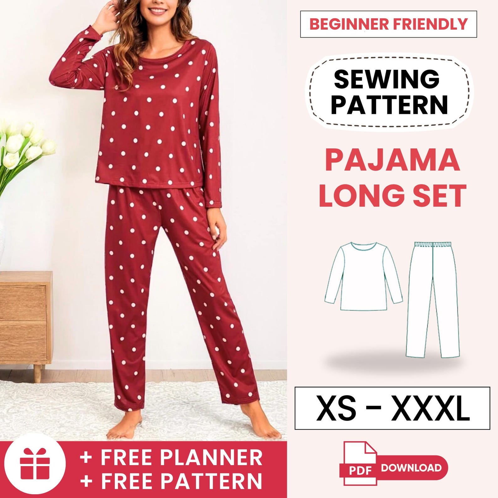 Women Pajama Sewing Pattern | Long Sleeve Top & Pants | PDF Download ...