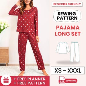 Könnte beinhalten: Ein Schnittmuster für ein langes Schlafanzug-Set mit rotem und weißem Polka-Dot-Druck. Das Schnittmuster enthält Anweisungen für die Größen XS bis XXXL. Das Schnittmuster ist als PDF-Download verfügbar. Anfängerfreundlich.