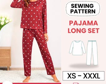 Mönster för pyjamas för kvinnor | Långärmad topp och byxor | PDF-nedladdning | Gör-det-själv-loungekläder | Nybörjarvänlig | Mönster för nattkläder