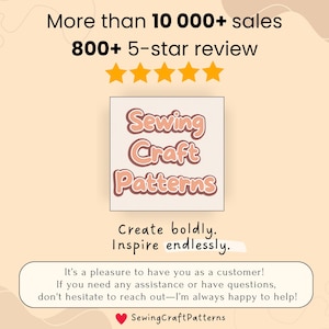 May include: A pink and orange logo with the text "Sewing Craft Patterns" in a retro font. The logo is surrounded by a white border. The text "Create boldly. Inspire endlessly." is below the logo. The text "More than 10 000+ sales 800+ 5-star review" is above the logo. Five gold stars are above the text.