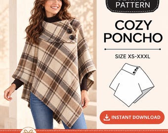 Poncho-Schnittmuster (PDF), kuscheliger Damen-Cape mit Knopfkragen, XS-3XL, druckbares Wickelmuster für Herbst und Winter