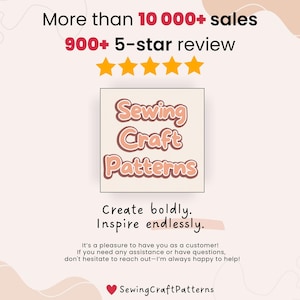 May include: A pink and white graphic with the text "Sewing Craft Patterns" in a retro font. The graphic also includes the text "More than 10,000+ sales" and "900+ 5-star review".