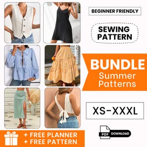 Op de afbeelding: Een collage van zomerse naaipatronen, waaronder een vest, jurk, blouse, rok en top. De tekst "BEGINNER FRIENDLY", "SEWING PATTERN", "BUNDLE Summer Patterns" en "XS-XXXL" is ook zichtbaar. Een cadeau-box afbeelding en een PDF download icoon zijn inbegrepen.